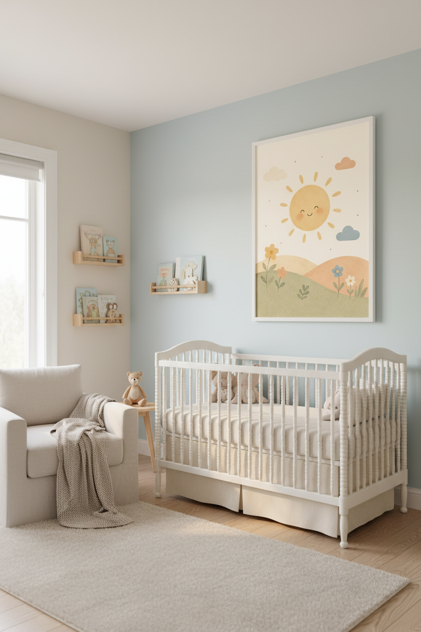 Mockup affiche soleil souriant fleurs nuages dans une nurserie cosy
