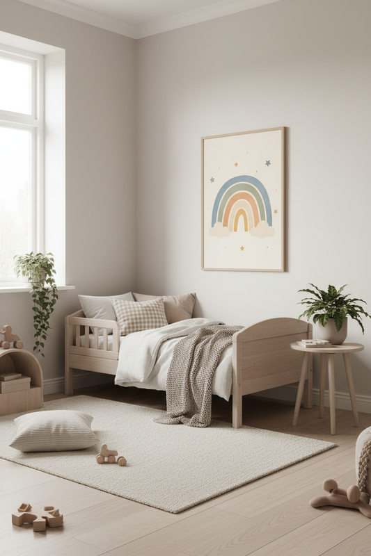 Mockup affiche arc-en-ciel pastel dans une chambre enfant scandinave