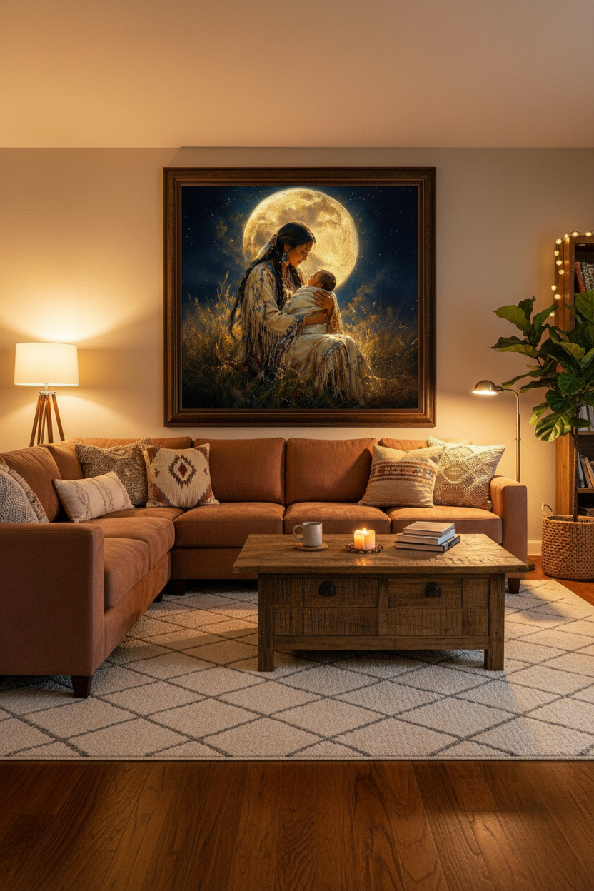 Mockup affiche mère amérindienne et enfant dans un salon chaleureux