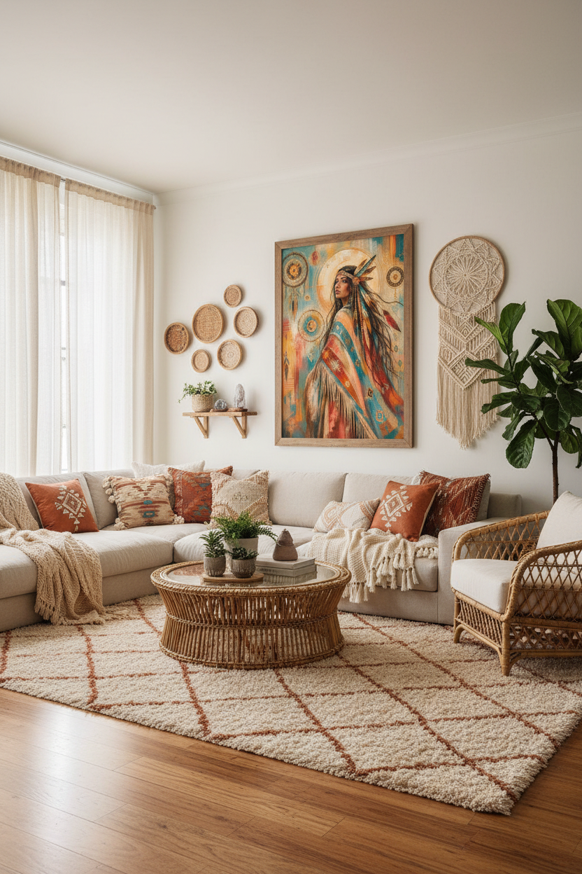 Mockup affiche femme amérindienne dans un salon boho chic