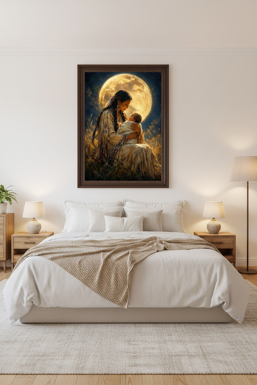 Mockup affiche mère amérindienne et enfant dans une chambre parentale