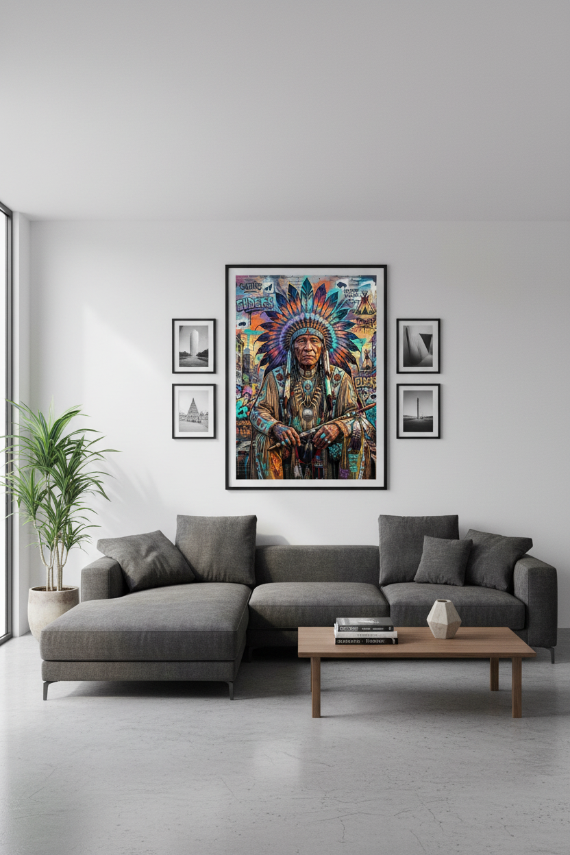 Mockup affiche Elders street art dans un salon contemporain