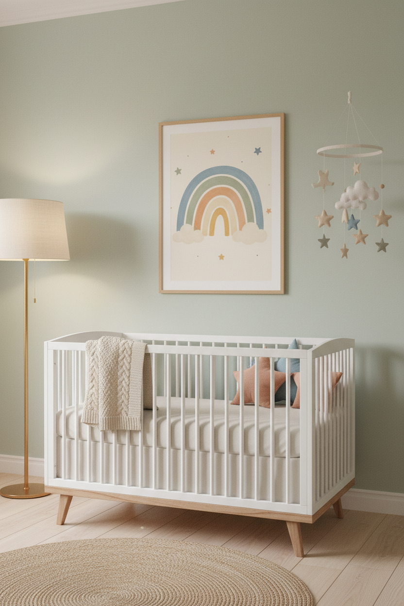 Mockup affiche arc-en-ciel pastel dans une nurserie cosy
