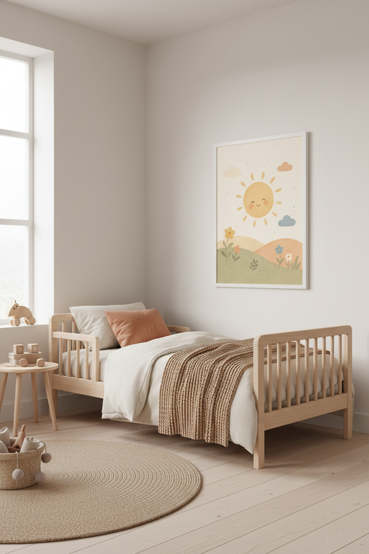 Mockup affiche soleil souriant fleurs nuages dans une chambre enfant scandinave