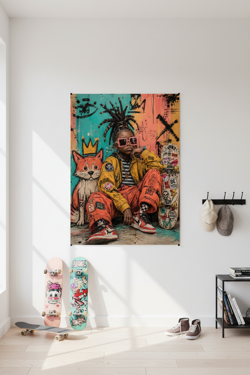 Affiche street art queen skater sans cadre accrochée sur mur blanc dans une chambre ado urbaine