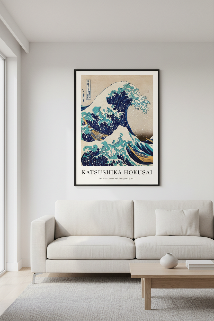 Mockup affiche Hokusai Grande Vague dans un salon contemporain