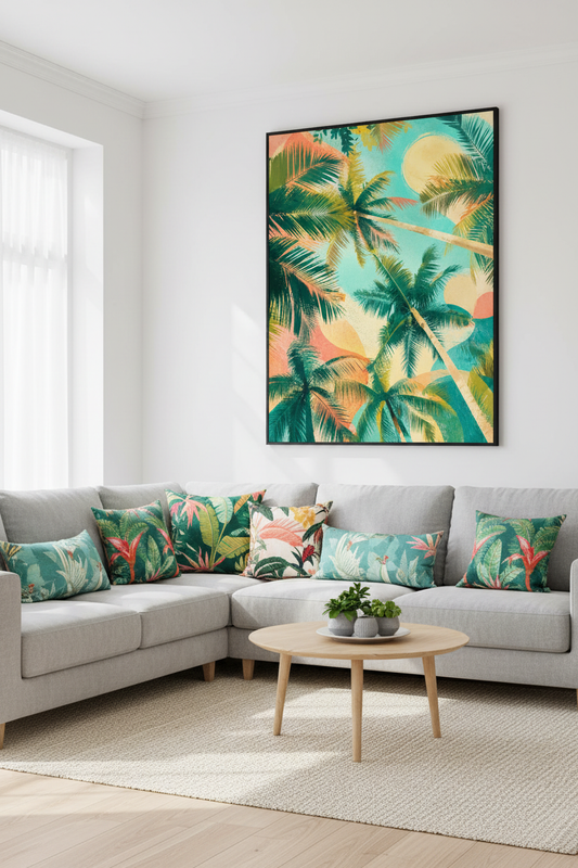 Mockup affiche palmiers tropicaux dans un salon contemporain