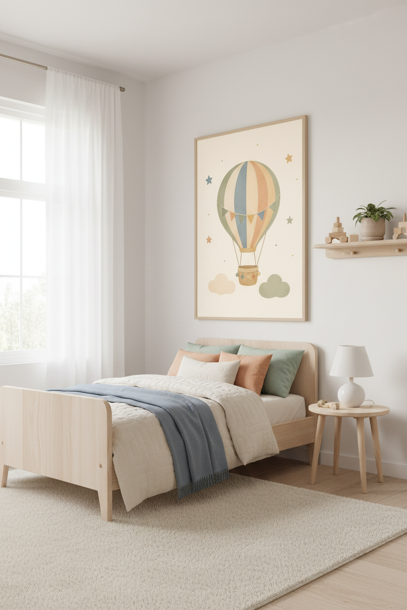 Mockup affiche montgolfière pastel dans une chambre enfant scandinave