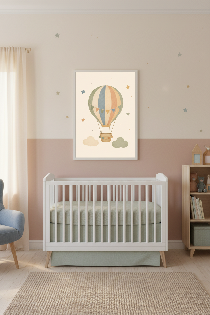 Mockup affiche montgolfière pastel dans une nurserie cosy