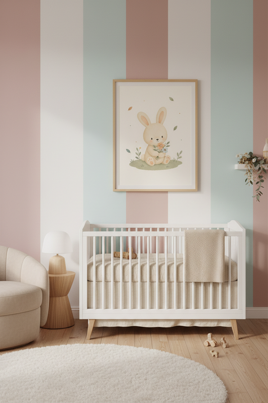 Mockup affiche petit lapin bouquet dans une nurserie cosy