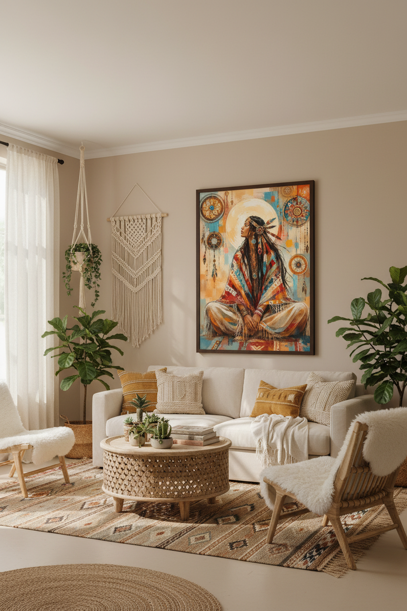 Mockup affiche Spirit Woman dans un salon boho chic