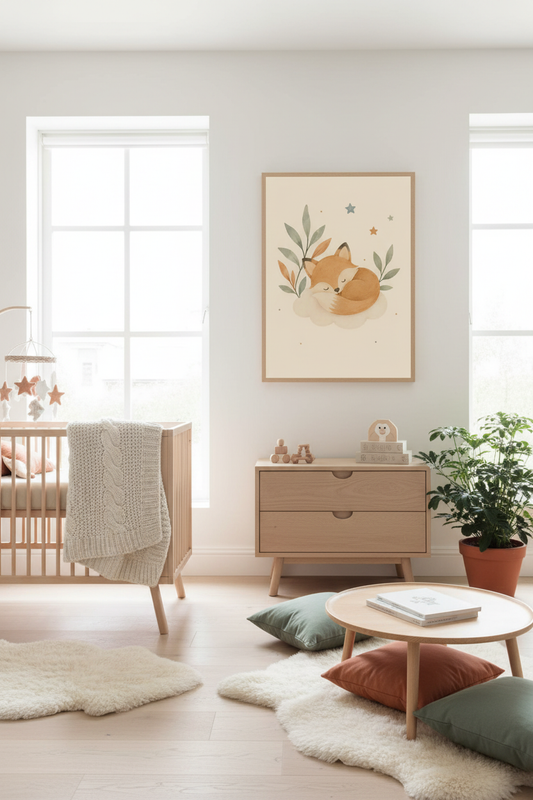 Mockup affiche renardeau endormi nuage dans une chambre enfant scandinave
