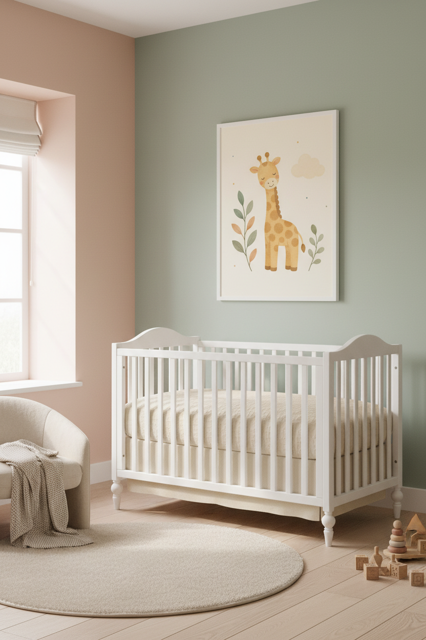 Mockup affiche petite girafe feuillages dans une nurserie cosy
