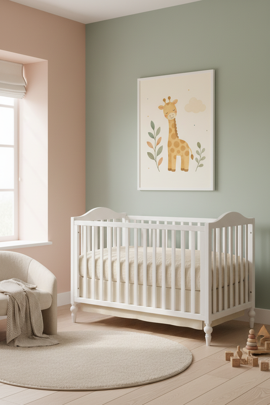 Mockup affiche petite girafe feuillages dans une nurserie cosy