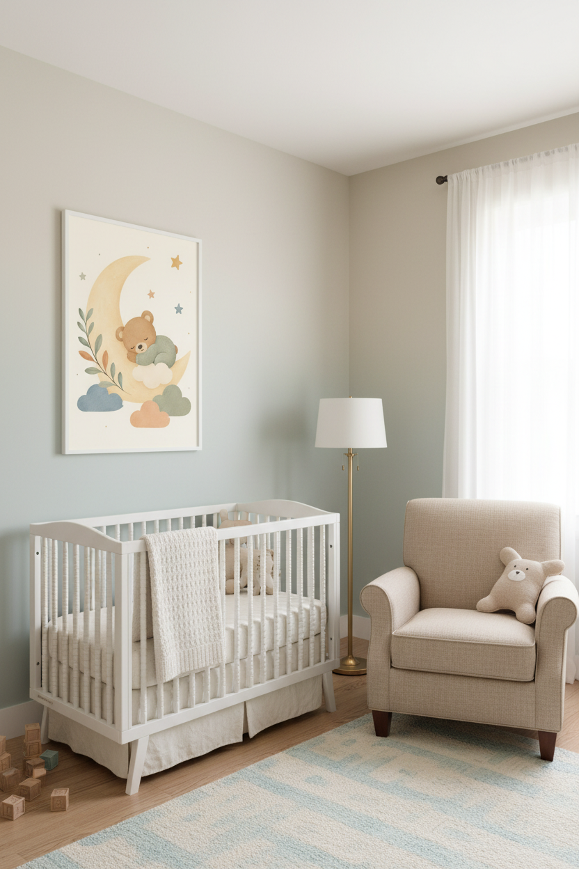 Mockup affiche ourson lune dans une nurserie cosy