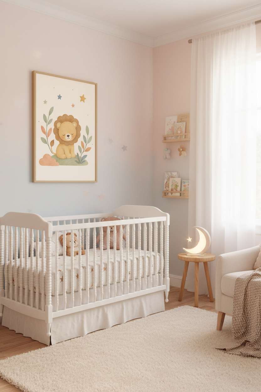 Mockup affiche petit lion étoiles dans une nurserie cosy