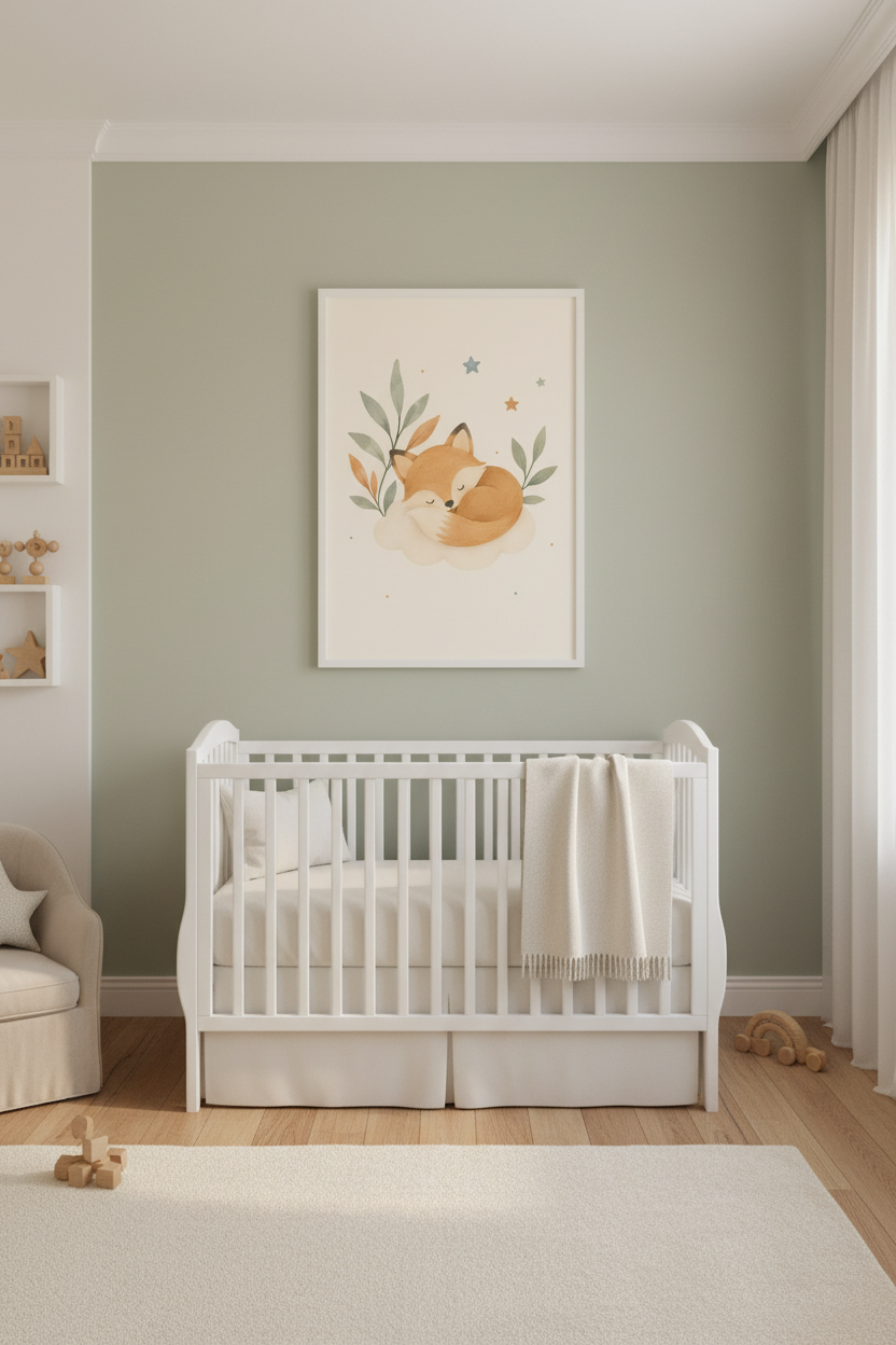 Mockup affiche renardeau endormi nuage dans une nurserie cosy