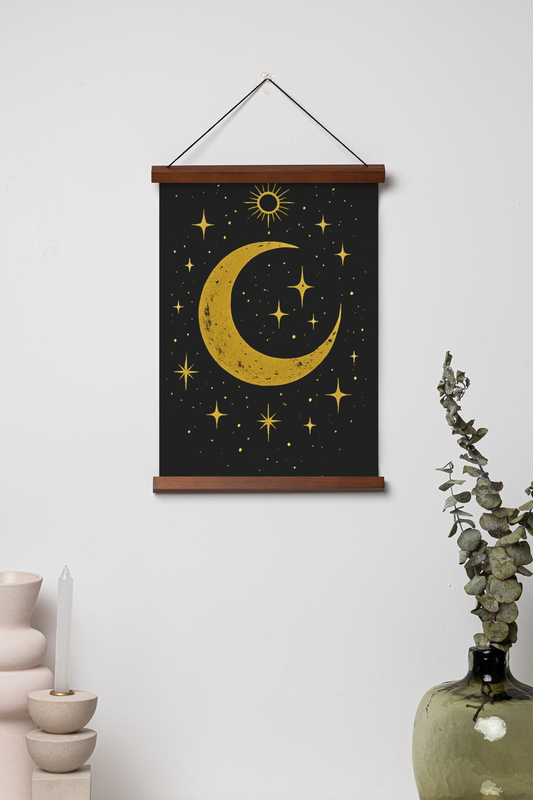 Affiche Céleste « Mystique Lunaire » – Lune Dorée sur Fond Noir – avec ou sans Cadre