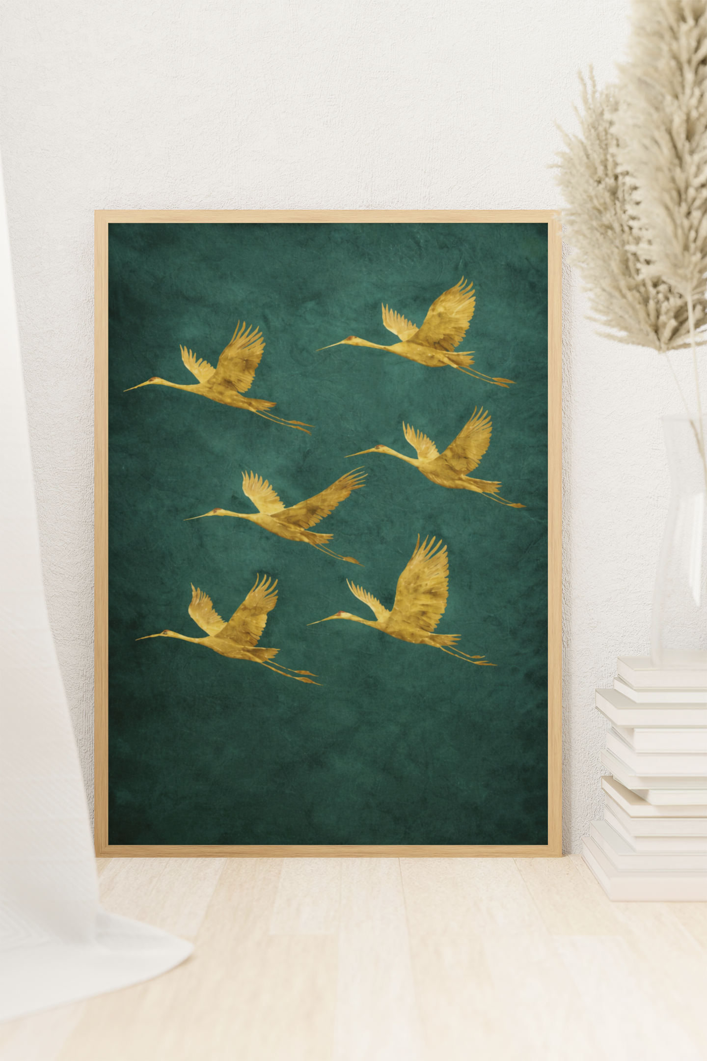 Évasion Céleste – Affiche Grues Dorées sur Fond Bleu Canard – avec ou sans Cadre
