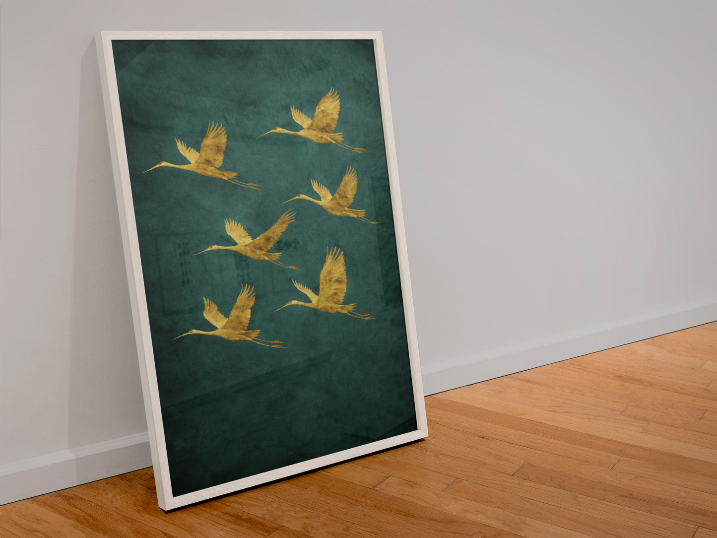 Évasion Céleste – Affiche Grues Dorées sur Fond Bleu Canard – avec ou sans Cadre