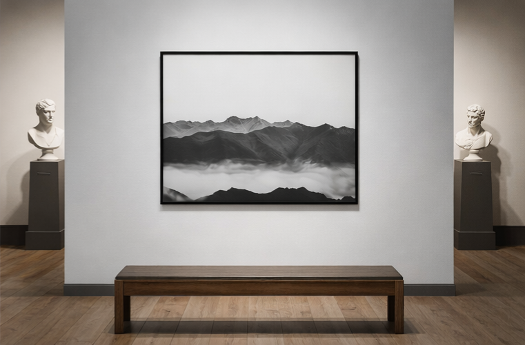 Affiche Murale Noir & Blanc – Paysage de Montagnes Brumeuses